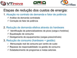 Etapas de redução dos custos de energia:
1. Atuação no contrato de demanda e fator de potência
    Análise da demanda contratada
    Correção do fator de potência


2. Redução de demanda efetiva através do hardware
    Identificação de potencializadores de picos (carga e horários)
    Equalização de consumo
    Desligamento de equipamentos (cargas prescindíveis)
3. Redução de consumo (hardware + gestão)
    Mensuração reaI de consumo por centro de custo
    Repasse da responsabilidade na gestão de consumo
    Estabelecimento de programas e metas setoriais
 