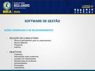 - SELEÇÃO DE E-MAILS PARA:
- Alunos inadimplentes (pais ou responsáveis).
- Alunos faltantes.
- Prospects.
- Inativos.
- OBJETIVOS:
- Cobrança.
- Informações sobre ausências.
- Contato com interessados.
- Rematrículas de ex-alunos.
- Aniversariantes.
- Promoções.
- Campanhas.
AÇÕES COMERCIAIS E DE RELACIONAMENTO
SOFTWARE DE GESTÃO
 