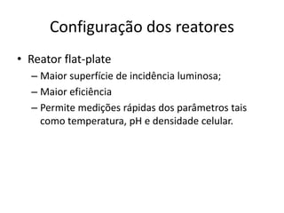 Configuração dos reatores 
• Reator flat-plate 
– Maior superfície de incidência luminosa; 
– Maior eficiência 
– Permite medições rápidas dos parâmetros tais 
como temperatura, pH e densidade celular. 
 