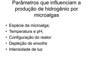 Parâmetros que influenciam a 
produção de hidrogênio por 
microalgas 
• Espécie da microalga; 
• Temperatura e pH; 
• Configuração do reator 
• Depleção de enxofre 
• Intensidade de luz 
 