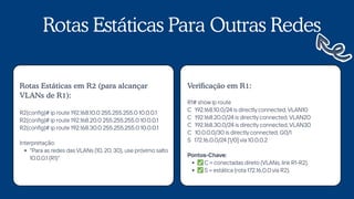 Rotas Estáticas Para Outras Redes
R2(config)# ip route 192.168.10.0 255.255.255.0 10.0.0.1
R2(config)# ip route 192.168.20.0 255.255.255.0 10.0.0.1
R2(config)# ip route 192.168.30.0 255.255.255.0 10.0.0.1
Interpretação:
"Para as redes das VLANs (10, 20, 30), use próximo salto
10.0.0.1 (R1)"
Rotas Estáticas em R2 (para alcançar
VLANs de R1):
R1# show ip route
C 192.168.10.0/24 is directly connected,VLAN10
C 192.168.20.0/24 is directly connected, VLAN20
C 192.168.30.0/24 is directly connected, VLAN30
C 10.0.0.0/30 is directly connected, G0/1
S 172.16.0.0/24 [1/0] via 10.0.0.2
Pontos-Chave:
✅C = conectadas direto (VLANs, link R1-R2).
✅S = estática (rota 172.16.0.0 via R2).
Verificação em R1:
 