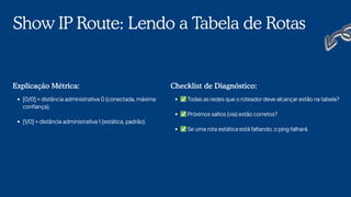 Show IP Route: Lendo a Tabela de Rotas
[0/0] = distância administrativa 0 (conectada, máxima
confiança).
[1/0] = distância administrativa 1 (estática, padrão).
Explicação Métrica:
✅Todas as redes que o roteador deve alcançar estão na tabela?
✅Próximos saltos (via) estão corretos?
✅Se uma rota estática está faltando, o ping falhará.
Checklist de Diagnóstico:
 