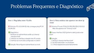 Problemas Frequentes e Diagnóstico
Erro 1: Ping falha entre VLANs
❌Sintoma: PC-A (VLAN 10) não consegue ping PC-B
(VLAN 20)
✅Diagnóstico:
1.Verificar se subinterfaces estão up: show ip
interface brief
2. Verificar se interface roteador tem IPcorreto
3. Verificar se trunk está configurado no switch
✅Solução: Reconfigurar subinterfaces ou trunk
❌Sintoma: IProute 172.16.0.0 255.255.255.0 10.0.0.2
Mas não aparece em "show ip route"
✅Causa: Interface G0/1 (próximo salto) pode estar
down
✅Solução:
1. Verificar: show ip interface brief
2. Se G0/1 está down: no shutdown
3. 3. Rota reaparecerá automaticamente
Erro 2: Rota estática não aparece em show ip
route
 