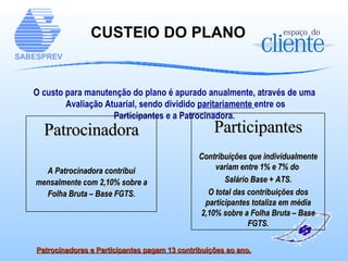 CUSTEIO DO PLANO O custo para manutenção do plano é apurado anualmente, através de uma Avaliação Atuarial, sendo dividido  paritariamente  entre os Participantes e a Patrocinadora. Patrocinadoras e Participantes pagam 13 contribuições ao ano. Patrocinadora A Patrocinadora contribui mensalmente com 2,10% sobre a Folha Bruta – Base FGTS. Participantes Contribuições que individualmente variam entre 1% e 7% do  Salário Base + ATS. O total das contribuições dos participantes totaliza em média 2,10% sobre a Folha Bruta – Base FGTS. 