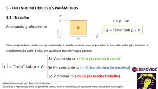 Material elaborado por: Prof. Ítalo R. Guedes,
É proibida a reprodução total ou parcial de textos, fotos e ilustrações, por qualquer meio, sem prévia autorização.
ADILSON
SECCO
Analisando graficamente
τ = p · Dv
|τ| = “área” sob p  V
Se V = constante  τ = 0 (transformação isocórica)
Se V diminui  τ < 0 (o gás recebe trabalho)
Se V aumenta  τ > 0 (o gás realiza trabalho)
Essa propriedade pode ser generalizada e válida mesmo que a pressão p exercida pelo gás durante a
transformação varie. Então, em qualquer transformação gasosa:
τ = “área” sob p  V
5 – ENTENDO MELHOR ESTES PARÂMETROS
5.2 - Trabalho
 