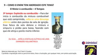 9 – COMO O ENEM TEM ABORDADO ESTE TEMA?
Material elaborado por: Prof. Ítalo R. Guedes,
É proibida a reprodução total ou parcial de textos, fotos e ilustrações, por qualquer meio, sem prévia autorização.
O Motor à combustão – 4 Tempos
3º tempo: Explosão ou combustão – Para dar
início à combustão da mistura combustível
que está comprimida, solta-se uma descarga
elétrica entre dois pontos da vela de ignição.
Essa faísca da vela detona a mistura e
empurra o pistão para baixo, fazendo com
que ele atinja o ponto morto inferior.
OU SEJA.... APÓS A CENTELHA ELÉTRICA HÁ UMA
EXPANSÃO VOLUMÉTRICA
 