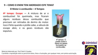 9 – COMO O ENEM TEM ABORDADO ESTE TEMA?
Material elaborado por: Prof. Ítalo R. Guedes,
É proibida a reprodução total ou parcial de textos, fotos e ilustrações, por qualquer meio, sem prévia autorização.
O Motor à combustão – 4 Tempos
4º tempo: Escape — A mistura de ar e
combustível foi queimada, mas ficaram
alguns resíduos dessa combustão que
precisam ser retirados de dentro do motor.
Isso é feito quando o pistão sobe, a válvula de
escape abre, e os gases residuais são
expulsos.
 