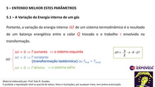 Material elaborado por: Prof. Ítalo R. Guedes,
É proibida a reprodução total ou parcial de textos, fotos e ilustrações, por qualquer meio, sem prévia autorização.
5 – ENTENDO MELHOR ESTES PARÂMETROS
5.1 – A Variação da Energia interna de um gás
T constante
(transformação isotérmica) ou Tfinal = Tinicial
DU > 0
Portanto, a variação da energia interna DU de um sistema termodinâmico é o resultado
de um balanço energético entre o calor Q trocado e o trabalho t envolvido na
transformação.
DU
DU < 0  o sistema esfria
T diminui
DU = 0
 o sistema esquenta
T aumenta 3
2
ΔU = · n · R · ΔT
 