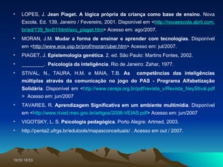LOPES, J.  Jean Piaget. A lógica própria da criança como base de ensino . Nova Escola. Ed. 139, Janeiro / Fevereiro, 2001. Disponível em < http:// novaescola .abril.com. br/ed/139_fev01/html/exc_piaget . htm > Acesso em: ago/2007. MORAN, J.M.  Mudar a forma de ensinar e aprender com tecnologias . Disponível em < http://www.eca.usp.br/prof/moran/uber.htm > Acesso em: jul/2007. PIAGET, J.  Epistemologia genética . 2. ed. São Paulo: Martins Fontes, 2002.          ________.  Psicologia da inteligência . Rio de Janeiro: Zahar, 1977. STIVAL, N., TAURA, H.M. e MAIA, T.B.  As  competências das inteligências múltiplas através da comunicação no jogo do PAS - Programa Alfabetização Solidária . Disponível em < http://www.cereja.org. br/pdf/revista_v/Revista_NeyStival . pdf >  Acesso em: jun/2007  TAVARES, R.  Aprendizagem Significativa em um ambiente multimídia . Disponível em < http://www. rived .mec.gov. br/artigos/2006-VEIAS . pdf > Acesso em: jun/2007 VIGOTSKY, L. S.  Psicologia pedagógica . Porto Alegre: Artmed, 2003.   http://penta2.ufrgs.br/edutools/mapasconceituais/ . Acesso em out / 2007. 