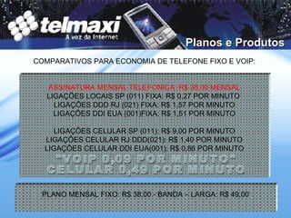 Planos e Produtos COMPARATIVOS PARA ECONOMIA DE TELEFONE FIXO E VOIP: ASSINATURA MENSAL TELEFONICA: R$ 38,00 MENSAL LIGAÇÕES LOCAIS SP (011) FIXA: R$ 0,27 POR MINUTO  LIGAÇÕES DDD RJ (021) FIXA: R$ 1,57 POR MINUTO LIGAÇÕES DDI EUA (001)FIXA: R$ 1,51 POR MINUTO LIGAÇÕES CELULAR SP (011): R$ 9,00 POR MINUTO LIGAÇÕES CELULAR RJ DDD(021): R$ 1,40 POR MINUTO LIGAÇÕES CELULAR DDI EUA(001): R$ 0,86 POR MINUTO "VOIP 0,09 POR MINUTO" CELULAR 0,49 POR MINUTO PLANO MENSAL FIXO: R$ 38,00 - BANDA – LARGA: R$ 49,00 