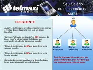 Ajude três distribuidores em três pernas diferentes alcançar o nível de Diretor Regional e você será um Diretor Executivo.  Ganhe um “bônus de combinação” de  50%  calculado do bônus “code” e bônus residual de todas da sua organização até o Diretor da segunda geração. “ Bônus de combinação” de  40%  de todos diretores da segunda geração. “ Bônus de combinação” de  30%  de todos diretores da terceira geração. Ganhe também um compartilhamento de um fundo dos lucros designado para Diretores Executivos. PRESIDENTE Diretor Executivo Os três diretores têm que estar em pernas diferentes, mas não tem que ser pessoalmente patrocinados. Diretor Executivo Diretor Executivo Seu Salário ou a insenção da conta 