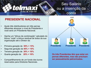 Ajude três distribuidores em três pernas diferentes alcançar o nível de Presidente e você será um Presidente Nacional.  Ganhe um “bônus de combinação” calculado do bônus “code” e bônus residual de todos da sua organização até o Diretor da: Primeira geração de  50% + 15% Segunda geração de  40% + 10% Terceira geração de  30% + 10%   Quarta geração de  20% + 10%   Compartilhamento de um fundo dos lucros reservados para Diretores Nacionais. Presidente PRESIDENTE NACIONAL Os três Presidentes têm que estar em pernas diferentes, mas não precisam ser pessoalmente patrocinados. Presidente Presidente Seu Salário ou a insenção da conta 