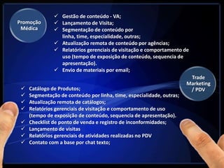  Gestão de conteúdo - VA;
Promoção        Lançamento de Visita;
 Médica         Segmentação de conteúdo por
                 linha, time, especialidade, outras;
                Atualização remota de conteúdo por agências;
                Relatórios gerenciais de visitação e comportamento de
                 uso (tempo de exposição de conteúdo, sequencia de
                 apresentação).
                Envio de materiais por email;
                                                                        Trade
                                                                       Marketing
    Catálogo de Produtos;                                              / PDV
    Segmentação de conteúdo por linha, time, especialidade, outras;
    Atualização remota de catálogos;
    Relatórios gerenciais de visitação e comportamento de uso
     (tempo de exposição de conteúdo, sequencia de apresentação).
    Checklist de ponto de venda e registro de inconformidades;
    Lançamento de visitas
    Relatórios gerenciais de atividades realizadas no PDV
    Contato com a base por chat texto;
 