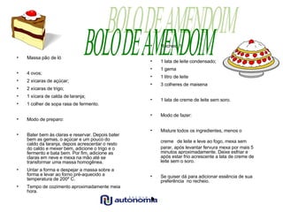 Massa pão de ló 4 ovos; 2 xícaras de açúcar; 2 xícaras de trigo; 1 xícara de calda de laranja; 1 colher de sopa rasa de fermento. Modo de preparo: Bater bem às claras e reservar. Depois bater bem as gemas, o açúcar e um pouco do caldo da laranja, depois acrescentar o resto do caldo e mexer bem, adicione o trigo e o fermento e bata bem. Por fim, adicione as claras em neve e mexa na mão até se transformar uma massa homogênea. Untar a forma e despejar a massa sobre a forma e levar ao forno pré-aquecido a temperatura de 200º C. Tempo de cozimento aproximadamente meia hora. Recheio 1: 1 lata de leite condensado; 1 gema 1 litro de leite 3 colheres de maisena 1 lata de creme de leite sem soro. Modo de fazer:  Misture todos os ingredientes, menos o creme   de leite e leve ao fogo, mexa sem parar, após levantar fervura mexa por mais 5 minutos aproximadamente. Deixe esfriar e após estar frio acrescente a lata de creme de leite sem o soro. Se quiser dá para adicionar essência de sua preferência  no recheio.  BOLO DE AMENDOIM 