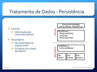 Tratamento de Dados - PersistênciaCentral:Informação dos váriossecundáriosSecundário:Persisteestado de espaçousadoFicheiros com dados dos blocos11/29/09TriviUM - Sistemas Distribuídos9