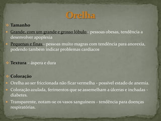  Tamanho
 Grande, com um grande e grosso lóbulo - pessoas obesas, tendência a
  desenvolver apoplexia
 Pequenas e finas - pessoas muito magras com tendência para anorexia,
  podendo também indicar problemas cardíacos


 Textura – áspera e dura


 Coloração
 Orelha ao ser friccionada não ficar vermelha - possível estado de anemia.
 Coloração azulada, ferimentos que se assemelham a úlceras e inchadas -
  diabetes.
 Transparente, notam-se os vasos sanguíneos - tendência para doenças
  respiratórias.
 