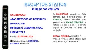 NAVEGADOR
IMPRIMIR O DESENHO ATUAL
LIMPAR TELA
Botão LIGA/DESLIGA
LEDs indicativos de CONEXÃO e
RECARGA da bateria
FUNÇÃO DOS ATALHOS:
CALIBRAÇÃO A CALIBRAÇÃO deverá ser feita
sempre que a Lousa Digital for
ATIVADA, como também para
garantir uma MAIOR PRECISÃO na
leitura de posição onde a caneta
digital é colocada na área de
projeção.
APAGAR TODOS OS DESENHOS
ATIVA e DESLIGA o receptor. O
modelo wireless utiliza a tecnologia
de comunicação Bluetooth.
 