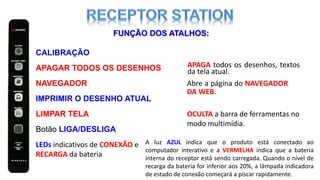 NAVEGADOR
IMPRIMIR O DESENHO ATUAL
LIMPAR TELA
Botão LIGA/DESLIGA
LEDs indicativos de CONEXÃO e
RECARGA da bateria
FUNÇÃO DOS ATALHOS:
CALIBRAÇÃO
A luz AZUL indica que o produto está conectado ao
computador interativo e a VERMELHA indica que a bateria
interna do receptor está sendo carregada. Quando o nível de
recarga da bateria for inferior aos 20%, a lâmpada indicadora
de estado de conexão começará a piscar rapidamente.
APAGAR TODOS OS DESENHOS APAGA todos os desenhos, textos
da tela atual.
Abre a página do NAVEGADOR
DA WEB.
OCULTA a barra de ferramentas no
modo multimídia.
 