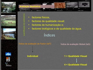factores físicos,  factores de qualidade visual; factores de humanização e; factores biológicos e de qualidade da água.   quantificação de parâmetros Índices Índice de avaliação de Factor (IaF ) Índice de avaliação Global (IaG) Individual Avaliação Qualitativa 1 > Qualidade Visual 4 < Qualidade Visual 