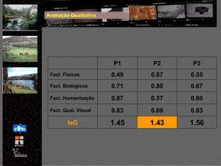 Avaliação Qualitativa 1.56 1.43 1.45 IaG 0.83 0.69 0.83 Fact. Qual. Visual 0.80 0.57 0.87 Fact. Humanização 0.67 0.80 0.71 Fact. Biológicos 0.55 0.67 0.49 Fact. Físicos P3 P2 P1 