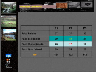 Avaliação Qualitativa P3 P2 P1 112 122 121 IaF 26 24 29 Fact. Qual. Visual 19 17 26 Fact. Humanização 37 44 39 Fact. Biológicos 30 37 27 Fact. Físicos 
