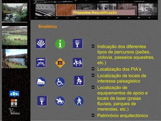 Propostas Requalificação Sinalética Indicação dos diferentes tipos de percursos (peões, ciclovia, passeios equestres, etc.) Localização dos PIA’s Localização de locais de interesse paisagistico Localização de equipamentos de apoio e locais de lazer (praias fluviais, parques de merendas, etc.) Património arquitectónico 