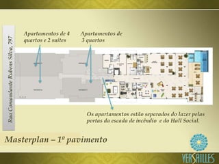 Masterplan – 1º pavimento
RuaComandanteRubensSilva,797
Os apartamentos estão separados do lazer pelas
portas da escada de incêndio e do Hall Social.
Apartamentos de 4
quartos e 2 suítes
Apartamentos de
3 quartos
 