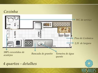 Piso de Cerâmica
Cozinha
100% revestidos de
azulejos
Torneira de água
quente
Bancada de granito
WC de serviço
2,35 de largura
4 quartos - detalhes
 