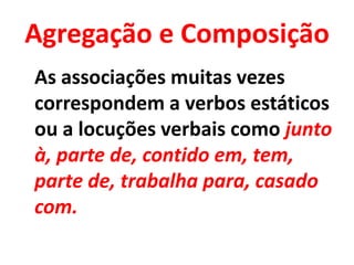 Agregação e Composição
As associações muitas vezes
correspondem a verbos estáticos
ou a locuções verbais como junto
à, parte de, contido em, tem,
parte de, trabalha para, casado
com.
 