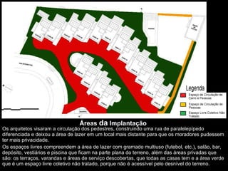 Áreas  da  Implantação Os arquitetos visaram a circulação dos pedestres, construindo uma rua de paralelepípedo  diferenciada e deixou a área de lazer em um local mais distante para que os moradores pudessem ter mais privacidade. Os espaços livres compreendem a área de lazer com gramado multiuso (futebol, etc.), salão, bar, depósito, vestiários e piscina que ficam na parte plana do terreno, além das áreas privadas que são: os terraços, varandas e áreas de serviço descobertas, que todas as casas tem e a área verde que é um espaço livre coletivo não tratado, porque não é acessível pelo desnível do terreno.  