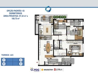 OPÇÃO PADRÃO: 03
      DORMITÓRIOS
 ÁREA PRIVATIVA: 97,32 m² a
        100,75 m²               Sacada
                               A=7,10m²
                                                                          Banho
                                                                         A=3,81m²
                                                 Demi-suíte
                                                 A=8,06m²

                                                                     Demi-Suíte
                                                                     A=9,08m²
                              Estar / Jantar
                               A=21,70m²



                                                                       Suíte
                                                                     A=16,61m²


TORRES A/C

                                                               Área de
 7                 1                       Cozinha
                                                               serviço
                                          A=6,66m²
 8                 2                                          A=2,49m²
 