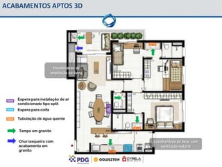 ACABAMENTOS APTOS 3D




                        Possibilidade de
                       ampliação do living




   Espera para instalação de ar
   condicionado tipo split
   Espera para coifa

   Tubulação de água quente


    Tampo em granito

    Churrasqueira com                        Cozinha/Área de Serv. com
    acabamento em                                ventilação natural
    granito
 