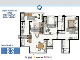 OPÇÃO PADRÃO: 02
      SUÍTES
 ÁREA PRIVATIVA:
 83,19m² a 84,74m²                  Sacada
                                   A=6,22m²



                                                           Suíte
                                                         A=12,31m²
                                          Estar/Jantar                 Suíte
                                          A=19,26m²                  A=18,03m²


                     Cozinha/A. Serviço
                         A=8,38m²




TORRES A/B/C

       5    3

       6    4
 