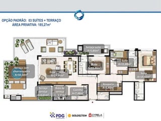 OPÇÃO PADRÃO: 03 SUÍTES + TERRAÇO
     ÁREA PRIVATIVA: 185,27m²




                                                             Terraço suíte
                                                              A=5,84m²


                                                                                          Suíte
                                                                Suíte                   A=11,88m²
       Terraço com                                            A=11,46m²
      churrasqueira              Estar / Jantar                                                       Suíte
        A=50,58m²                 A=27,35m²                                                         A=19,41m²

                                                                             Rouparia
                       Terraço       Área de                                 A=5,40m²
                                                   Cozinha
                       serviço       serviço
                                                  A=7,48m²
                      A=4,61m²      A=3,31m²
 