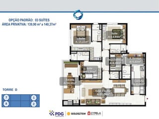 OPÇÃO PADRÃO: 03 SUÍTES
ÁREA PRIVATIVA: 139,90 m² a 140,37m²

                                                                         Suíte
                                                                       A=13,93m²
                                                 Suíte
                                               A=19,65m²




                                                                      Dependência   Á. Serviço
                                                                       A=4,28m²     A=5,02m²

                                                      Suíte
                                                    A=11,56m²

                                        Sacada                                          Cozinha
                                       A=14,10m²                                       A=8,63m²
TORRE D                                                     Estar / Jantar
                                                             A=32,04m²
  7                 1
  8                 2
 