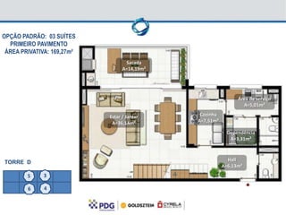 OPÇÃO PADRÃO: 03 SUÍTES
  PRIMEIRO PAVIMENTO
 ÁREA PRIVATIVA: 169,27m²
                                   Sacada
                                  A=14,19m²




                                                               Área de serviço
                                                                 A=5,01m²

                            Estar / Jantar     Cozinha
                             A=36,14m²        A=7,51m²

                                                           Dependência
                                                            A=3,31m²



                                                           Hall
TORRE D
                                                         A=6,13m²
        5     3

        6     4
 