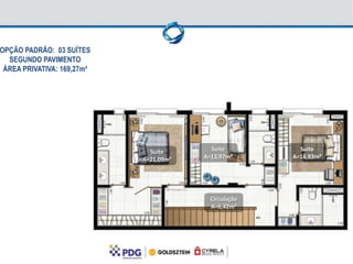 OPÇÃO PADRÃO: 03 SUÍTES
  SEGUNDO PAVIMENTO
 ÁREA PRIVATIVA: 169,27m²




                              Suíte       Suíte          Suíte
                            A=21,09m²   A=13,97m²      A=16,83m²




                                          Circulação
                                          A=6,42m²
 