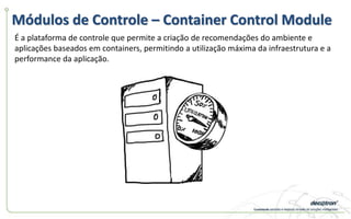Módulos de Controle – Container Control Module
É a plataforma de controle que permite a criação de recomendações do ambiente e
aplicações baseados em containers, permitindo a utilização máxima da infraestrutura e a
performance da aplicação.
 