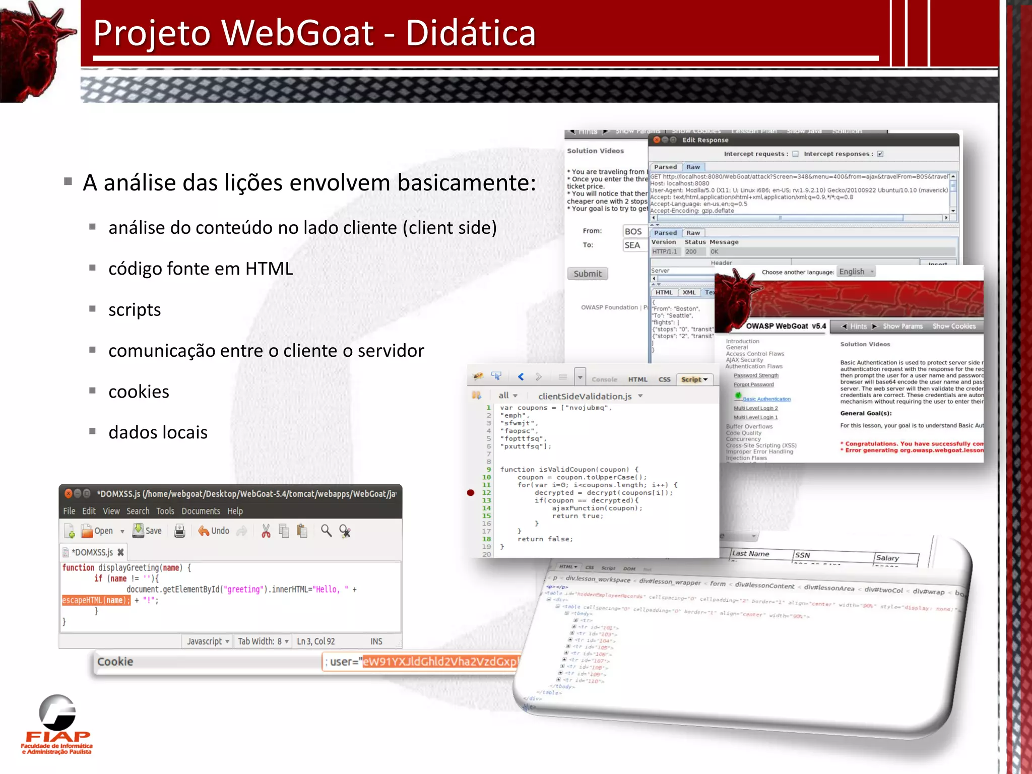 Projeto WebGoat - Didática


 A análise das lições envolvem basicamente:
   análise do conteúdo no lado cliente (client side)

   código fonte em HTML

   scripts

   comunicação entre o cliente o servidor

   cookies

   dados locais
 