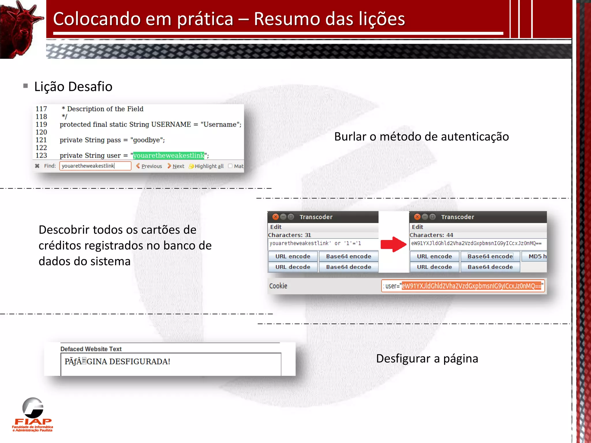 Colocando em prática – Resumo das lições


 Lição Desafio


                                     Burlar o método de autenticação




  Descobrir todos os cartões de
  créditos registrados no banco de
  dados do sistema




                                            Desfigurar a página
 