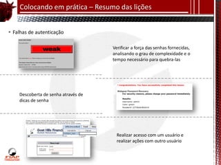 Colocando em prática – Resumo das lições


 Falhas de autenticação

                                     Verificar a força das senhas fornecidas,
                                     analisando o grau de complexidade e o
                                     tempo necessário para quebra-las




    Descoberta de senha através de
    dicas de senha




                                       Realizar acesso com um usuário e
                                       realizar ações com outro usuário
 