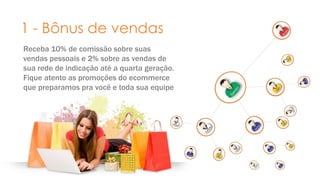 1 - Bônus de vendas 
Receba 10% de comissão sobre suas 
vendas pessoais e 2% sobre as vendas de 
sua rede de indicação até a quarta geração. 
Fique atento as promoções do ecommerce 
que preparamos pra você e toda sua equipe 
 