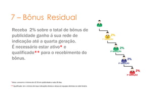 7 – Bônus Residual 
Receba 2% sobre o total de bônus de 
publicidade ganho á sua rede de 
indicação até a quarta geração. 
É necessário estar ativo* e 
qualificado** para o recebimento do 
bônus. 
*Ativo: consumir o mínimo de U$ 50 em publicidade a cada 28 dias. 
** Qualificado: ter o mínimo de duas indicações diretas e ativas em equipes distintas na rede binária. 
 