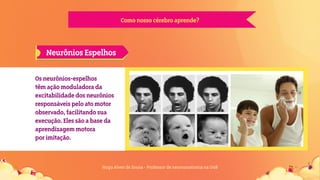 Comonossocérebroaprende?
Hugo Alves de Sousa - Professor de neuroanatomia na UnB
Osneurônios-espelhos
têmaçãomoduladorada
excitabilidadedosneurônios
responsáveispeloatomotor
observado,facilitandosua
execução.Elessãoabaseda
aprendizagemmotora
porimitação.
NeurôniosEspelhos
 