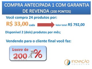 Você compra 24 produtos por:
cada
Vendendo para o cliente final você faz:
Valor total: R$ 792,00
Disponível 2 (dois) produtos por mês;
 