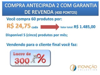 Você compra 60 produtos por:
cada
Vendendo para o cliente final você faz:
Valor total: R$ 1.485,00
Disponível 5 (cinco) produtos por mês;
 