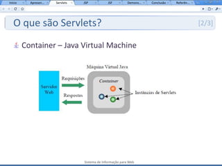 Início     Apresen...   Servlets   JSP           JSF         Demons...   Conclusão   Referên...




   O que são Servlets?                                                                            [2/3]


         Container – Java Virtual Machine




                                   Sistema de Informação para Web
 