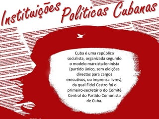 Gastronomia CubanaA cozinha continental ou cubana diferencia-se pelos seus frutos de mar.Alguns pratos tradicionais: 	“Torceu-o”, frequentemente com carne e/ou queijo; uma sopa espessa à base de frango e de feijões pretos; o porco grelhado; o frango com arroz; as bananas (verdes) fritadas ou grelhadas; e os gelos cubanos.