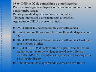 08-04 D7IH e D2 de ceftazidime e ciprofloxacina. Paciente ainda grave e dispnéico melhorando um pouco com a macronebulização. Relata piora da dispnéia ao fazer hemodiálise Tiragem intercostal e o restante sem alterações. Aguardando CH2U e oresto mantido . 09-04 D8IH D3 de ceftazidime e ciprofloxacina Evolui com melhora sem febre e melhora da dispnéia com O2. 10-04 D9IH D4 de ceftazidime e ciprofloxacina:Evoluindo com melhora clínica. 11-04 D10IH D5 de ceftazidime e ciprofloxacina.Evolui melhor com menor dependencia de O2.Ativo for a do leito.AR: MVUA+ crepitações esparsas em base esquerda e 1/3 médio direito. Conduta mantida e aguardando exames e novo Raio x.  
