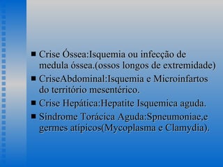 Crise Óssea:Isquemia ou infecção de medula óssea.(ossos longos de extremidade) CriseAbdominal:Isquemia e Microinfartos do território mesentérico. Crise Hepática:Hepatite Isquemica aguda. Síndrome Torácica Aguda:Spneumoniae,e germes atípicos(Mycoplasma e Clamydia).  
